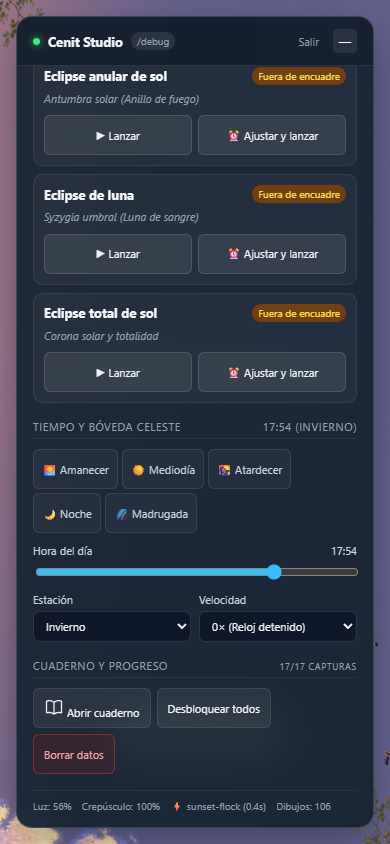 Cénit development studio with controls for events and time